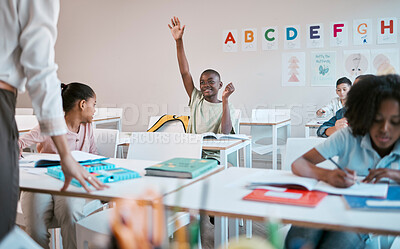 Buy stock photo Question, school and education with a black boy student hand raised in a classroom to ask or answer his teacher. Kids, asking and learning with a young male child in class to study for growth