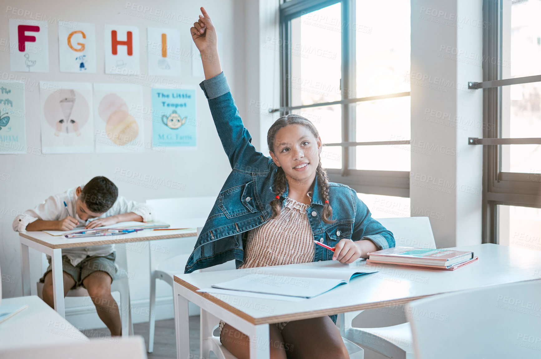 Buy stock photo Education, black girl in class and question with hand in air, studying and learning for knowledge, answer or excited. African American female, young kid or child with arm raised for asking and growth