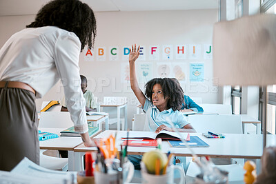 Buy stock photo Question, school and education with a black girl student hand raised in a classroom to ask or answer her teacher. Kids, asking and learning with a young female child in class to study for growth