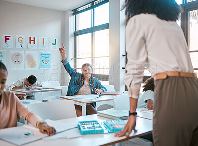 Buy stock photo Question, school and education with a student girl hand raised sitting in a classroom to ask or answer her teacher. Kids, asking and learning with a young female child in class to study for growth