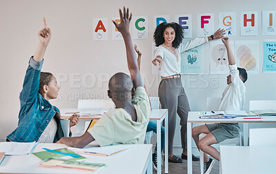 Buy stock photo Question, learning and education at school with kids hands raised to answer alphabet assessment. Classroom, learners and tutor teaching a summary information in a class with smart and clever group