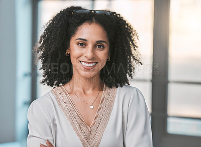 Buy stock photo Business, confidence and portrait of woman with smile at HR department at corporate startup in Brazil. Leadership, female empowerment and company management, happy manager in human resources office.
