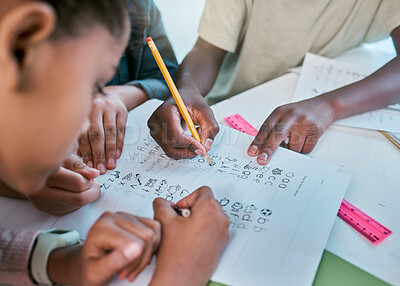 Buy stock photo School, children and hands writing for teamwork with learning activity in classroom group together. Young kids and students working on literacy and academic exercises for development at desk.

