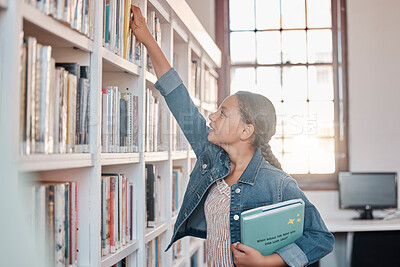 Buy stock photo Books, education or girl in a library to search for knowledge or development for future learning. Scholarship, child growth or happy student studying, information or searching for a story at school