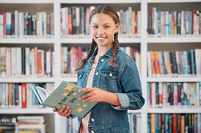 Buy stock photo Portrait, books or girl reading in library for knowledge, education or development for future growth. Scholarship, focus or young student with a happy smile studying or learning information at school