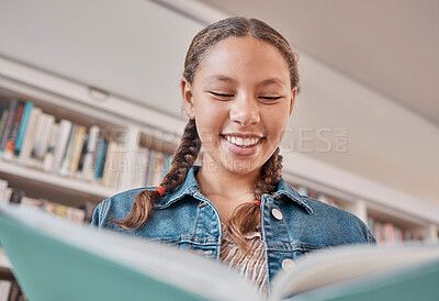 Buy stock photo Books, library or happy student reading a fun story for knowledge or development for learning growth. Scholarship, education or excited young high school girl smiles with pride studying information  