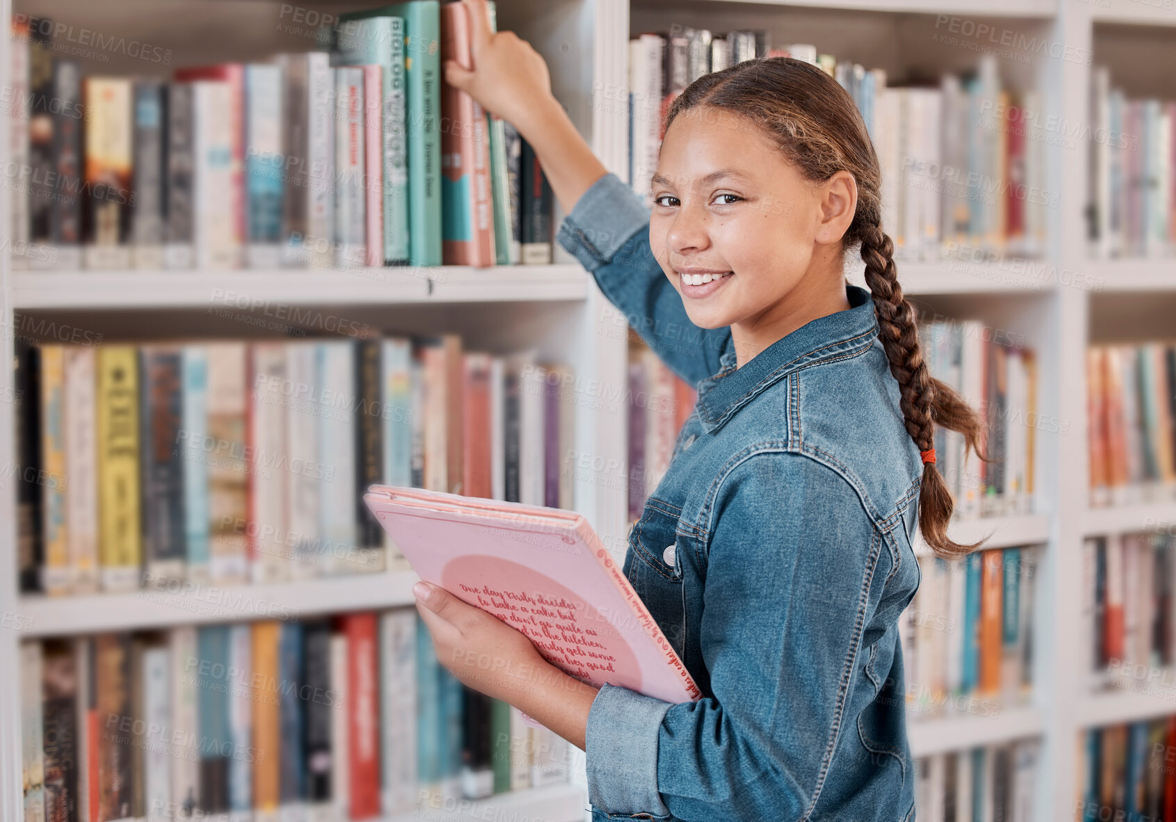 Buy stock photo Books, happy or girl in a library to search for knowledge or development for learning growth. High school, portrait or scholarship student searching, studying or reaching for education or information