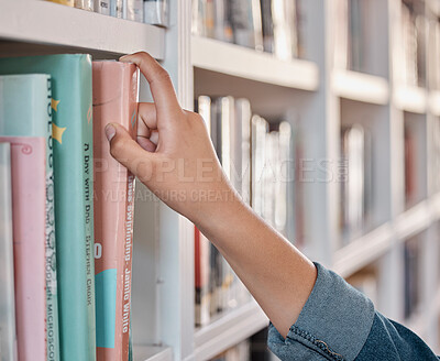 Buy stock photo Books, education or hand in a library to search for knowledge or development for future growth. Scholarship, zoom or college student searching, studying or learning university information at school