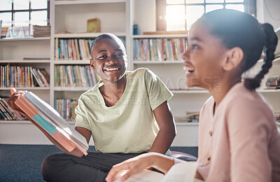 Buy stock photo Reading books, african children or friends learning, education and creative storytelling in library group. Happy, portrait and school kid or classroom friends with English, knowledge and language