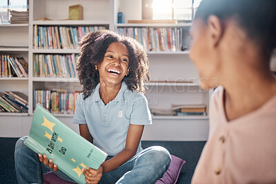 Buy stock photo Education, storytelling or happy students in a library or classroom or for learning development. Smile, kids or excited young children reading funny fantasy or English literature books at school