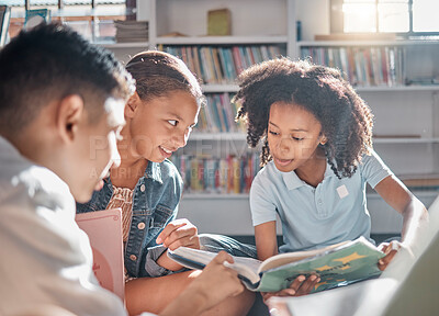Buy stock photo Education, storytelling or students reading in a library for group learning development or growth. Diversity, kids or children talking or speaking together for feedback on fun fantasy books at school