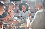Books, storytelling or excited students in a library reading for learning development or growth. Smile, portrait or happy young children reading funny stories for education at a kids school classroom