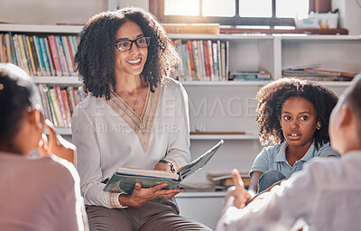 Buy stock photo Storytelling, teacher or students with questions in a classroom or library for learning development. Education, kids or children listening to a black woman asking for feedback on fun books at school