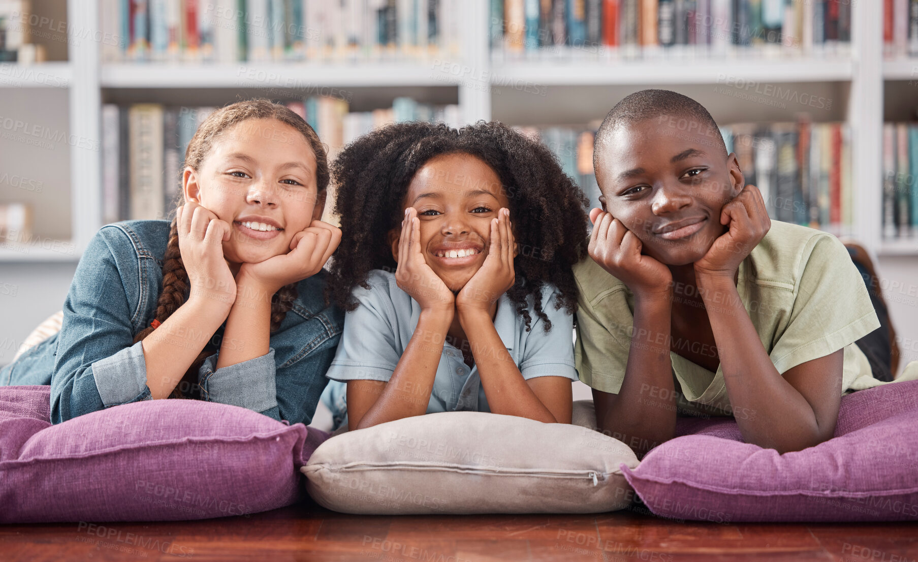 Buy stock photo Children in library, portrait with learning and education, happy with books and academic growth. Knowledge, information and development with young students, happiness to learn and school activity