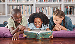 Children in library, book and reading with learning and education, happy with friends and academic growth. Knowledge, information and development with young students, happiness to learn and school
