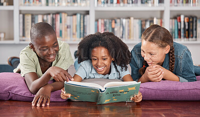 Buy stock photo Children in library, book and reading with learning and education, happy with friends and academic growth. Knowledge, information and development with young students, learn with school group