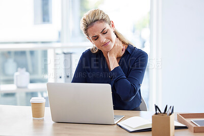 Buy stock photo Workplace stress, business woman with neck pain at desk and reading email on laptop in London office. Receptionist working, young person with burnout or frustrated secretary with crisis at company