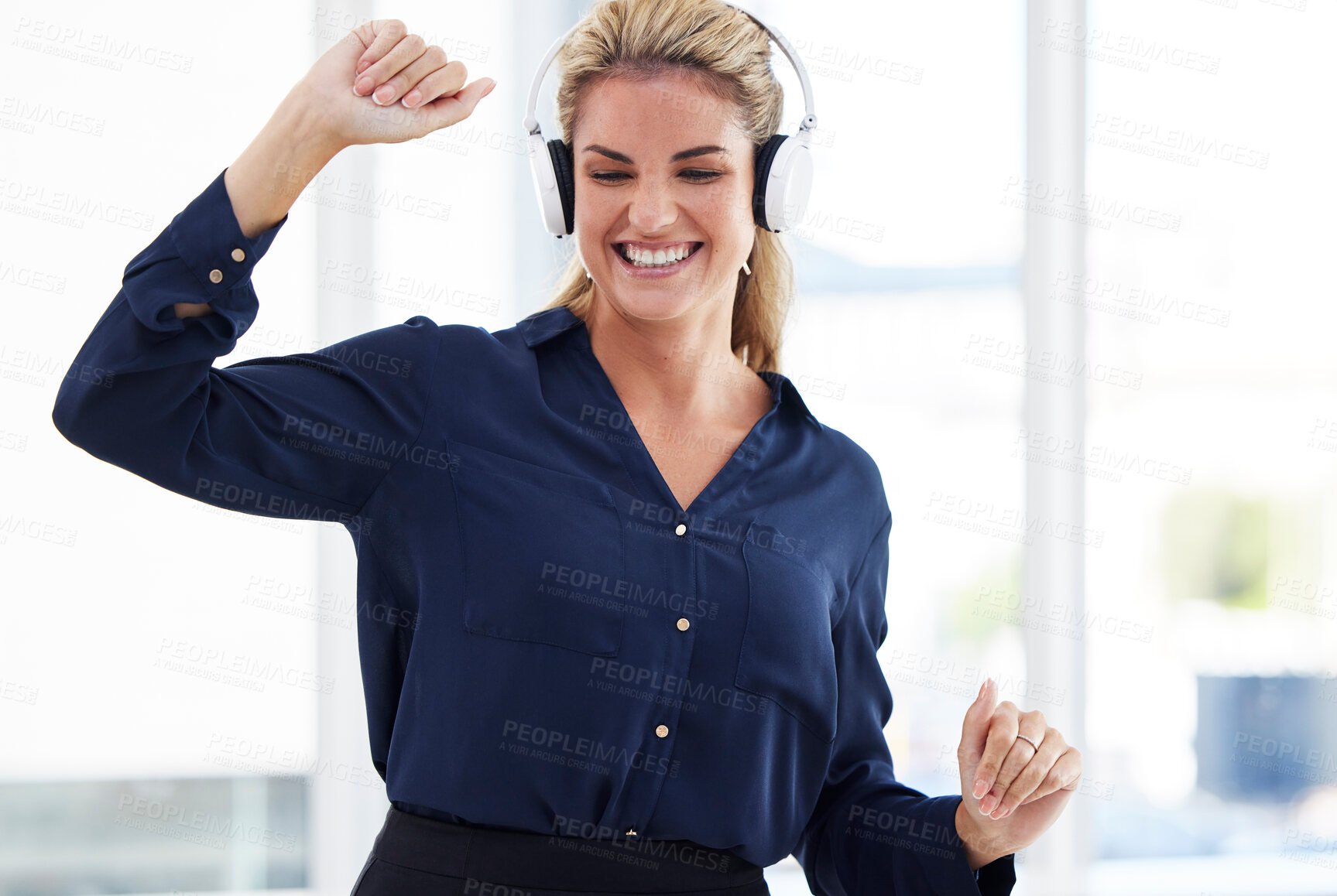 Buy stock photo Dancing woman listening to music in office for energy, fun and happy celebration with mental health wellness. Excited, smile and success or dance worker or person in headphones and audio technology