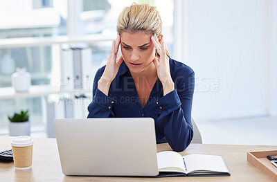 Buy stock photo Workplace stress, business woman with headache at desk and reading email on laptop in London office. Receptionist working, young person with burnout or frustrated secretary with crisis at company