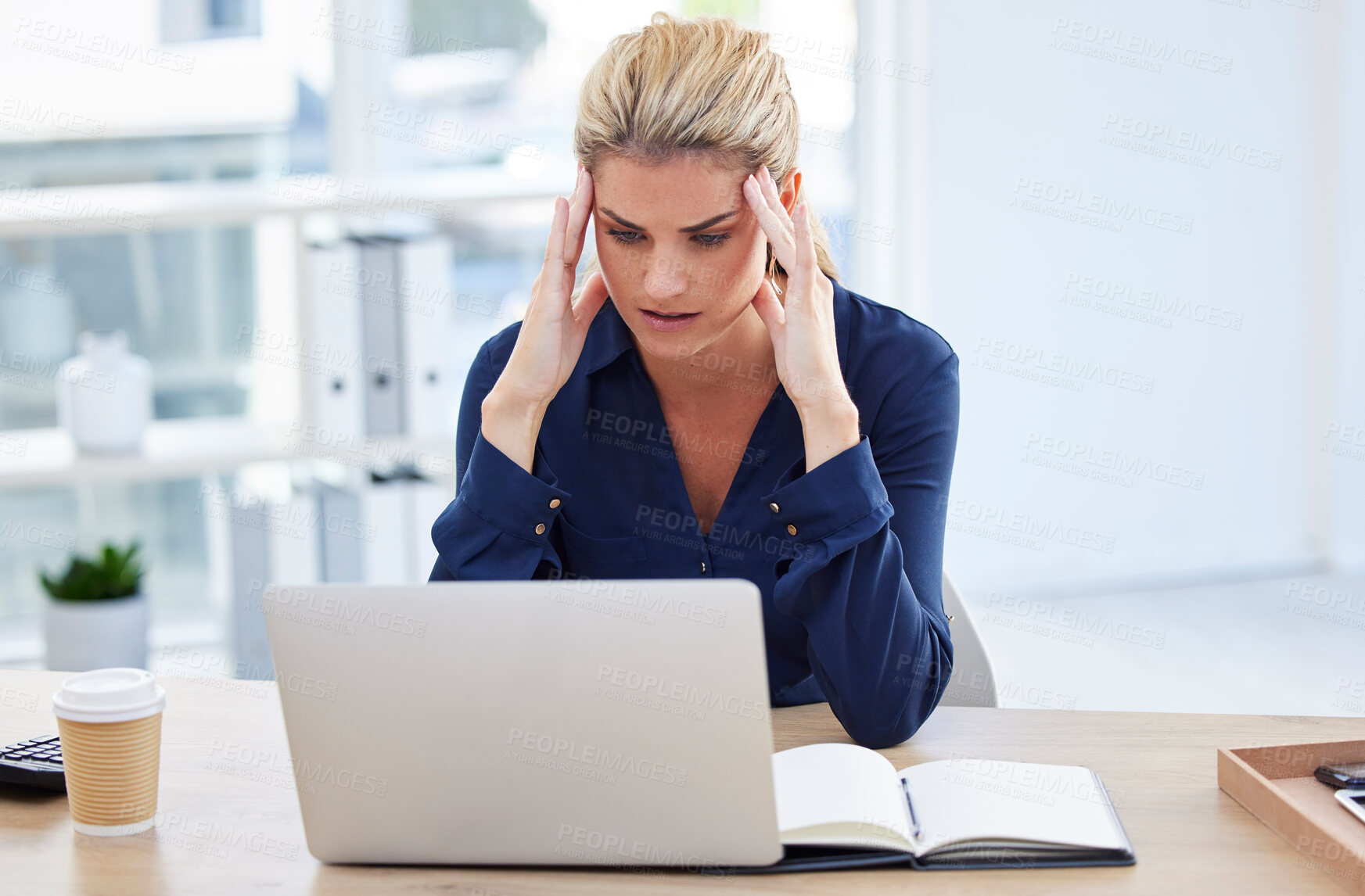 Buy stock photo Workplace stress, business woman with headache at desk and reading email on laptop in London office. Receptionist working, young person with burnout or frustrated secretary with crisis at company