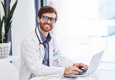 Buy stock photo Doctor, research and healthcare portrait with online service, telehealth advice and mission for hospital management. Clinic or medical professional man or person typing on laptop for virtual support