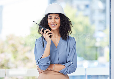 Buy stock photo Architecture, radio and portrait of black woman in office for engineering, building or project management. Leadership, design or communication with construction worker and walkie talkie for industry