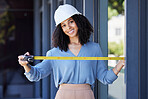Construction worker, happy in portrait with black woman and tape measure, architecture and building industry. Measurement, architect and engineering contractor in safety helmet and tools in portrait