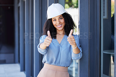 Buy stock photo Black woman, portrait smile and thumbs up for construction, building or good job with hard hat for on site work safety. Happy African American female architect, engineer or builder showing thumbsup