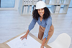 Architect, woman portrait and blueprint of engineer drawing plan on paper for building development. Happy contractor at office desk for project management, architecture and engineering mockup space