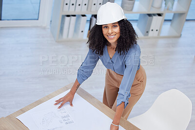 Buy stock photo Architect, woman portrait and blueprint of engineer drawing plan on paper for building development. Happy contractor at office desk for project management, architecture and engineering mockup space