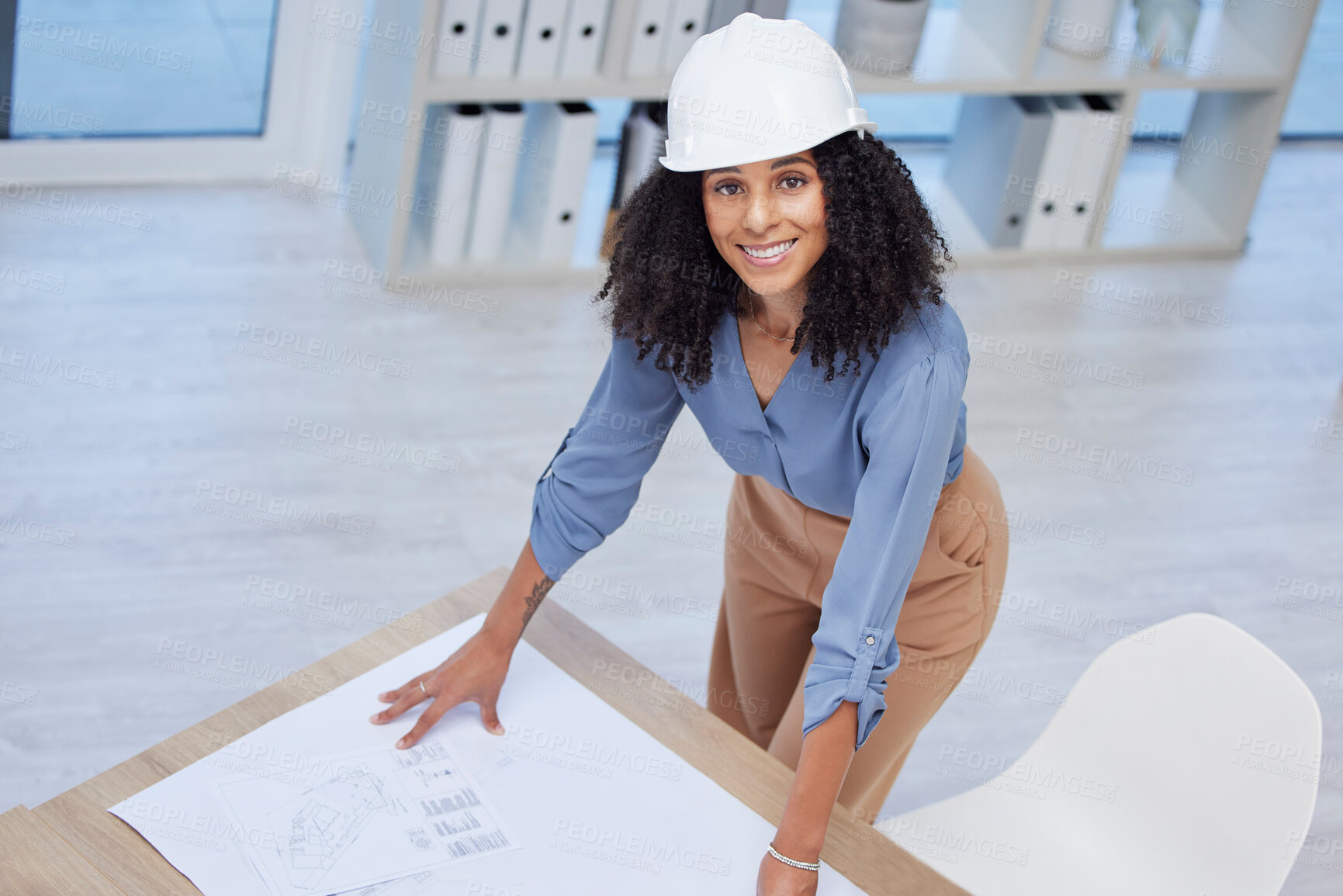 Buy stock photo Architect, woman portrait and blueprint of engineer drawing plan on paper for building development. Happy contractor at office desk for project management, architecture and engineering mockup space