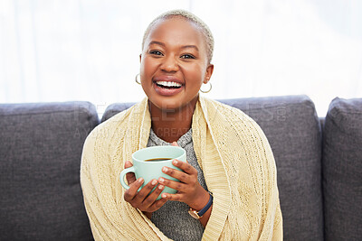 Buy stock photo Black woman, portrait and sofa with coffee, smile or relax in home living room for me time. Young African lady, drink or tea on couch for happiness, self care and chilling in house, apartment or room