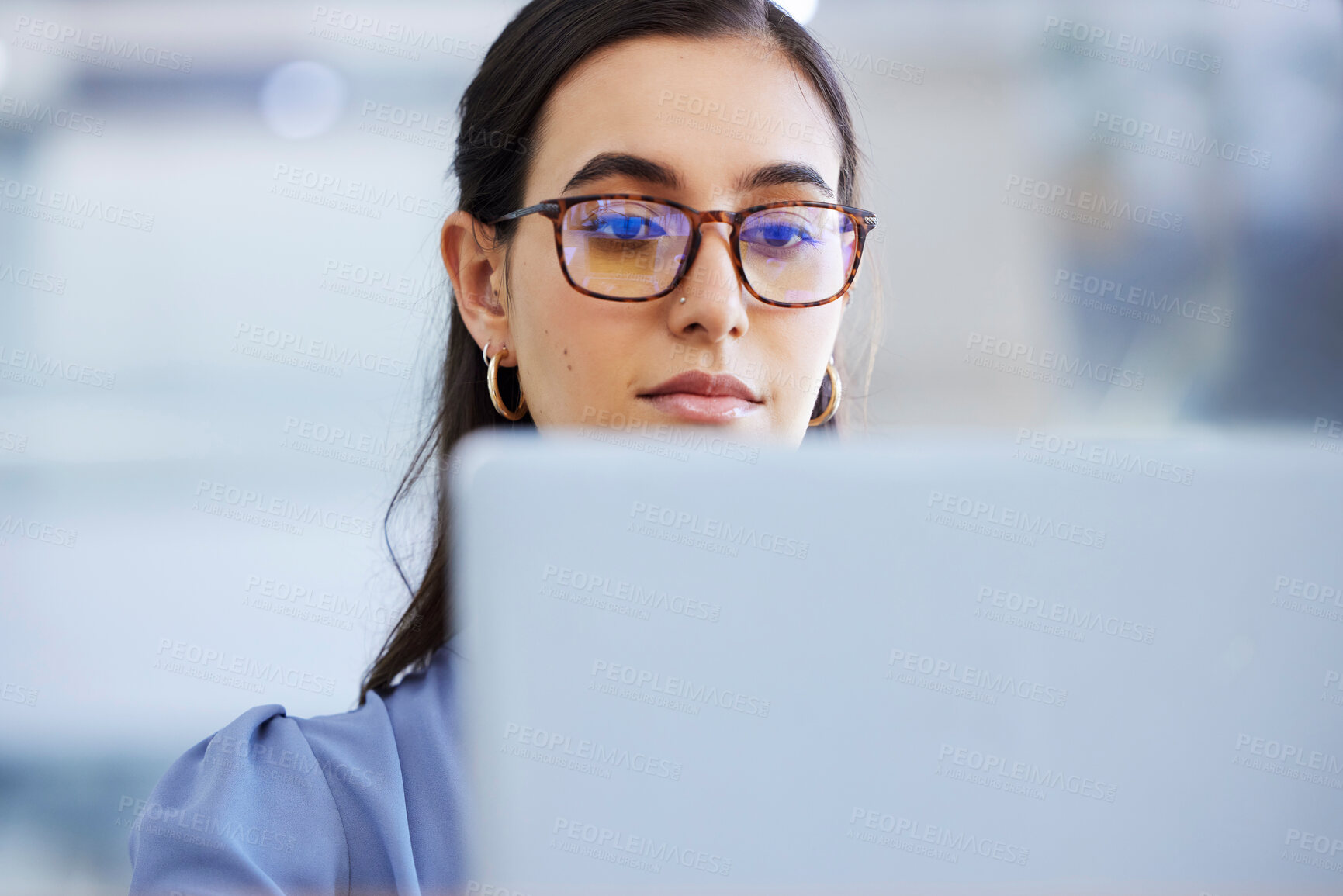 Buy stock photo Business woman, glasses and working on laptop in office, agency and startup company. Focus, face and female worker on computer technology for email, internet planning and professional seo research 