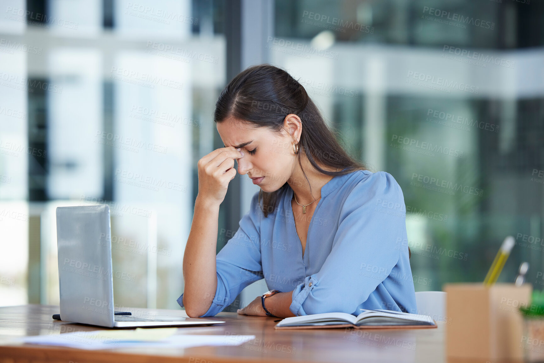 Buy stock photo Stress, headache and business woman on laptop at office desk with 404 technology glitch. Tired worker, burnout and computer mistake with anxiety, fatigue and depression of problem, crisis and doubt