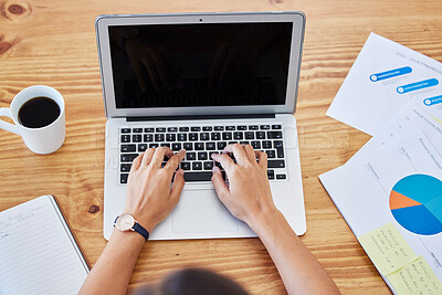 Buy stock photo Top view, woman and typing on laptop mockup, keyboard or blank screen at office desk. Above, hands and business worker on computer for planning data analytics, graphs and internet research on website