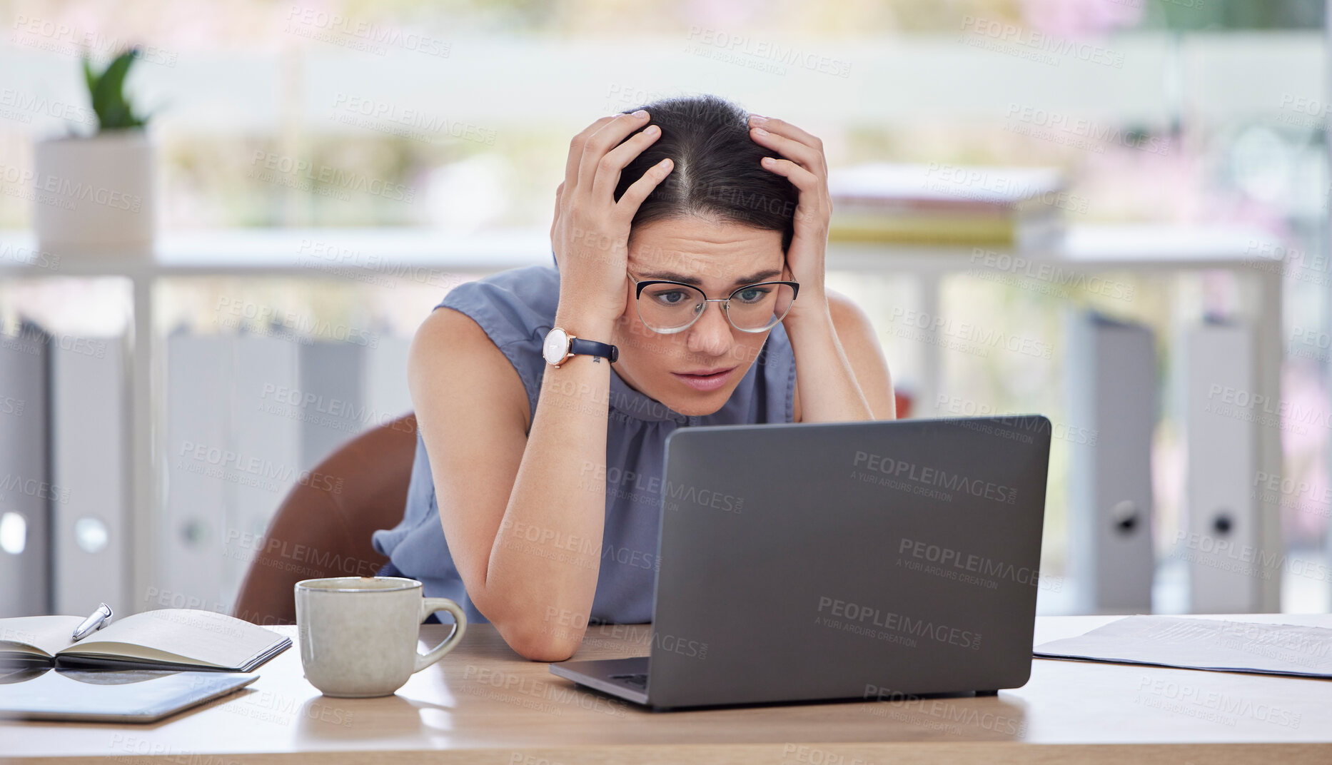 Buy stock photo Stress, anxiety and woman with glitch on laptop in office frustrated, worry and confused from 404 error. Technology, cybersecurity and girl worker with digital hacker, spam and scam problem at desk