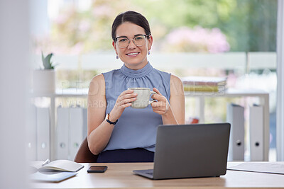 Buy stock photo Portrait, coffee and laptop with a business woman taking a break while working on a report in her office. Computer, tea and relax with a female employee drinking a beverage while sitting at work