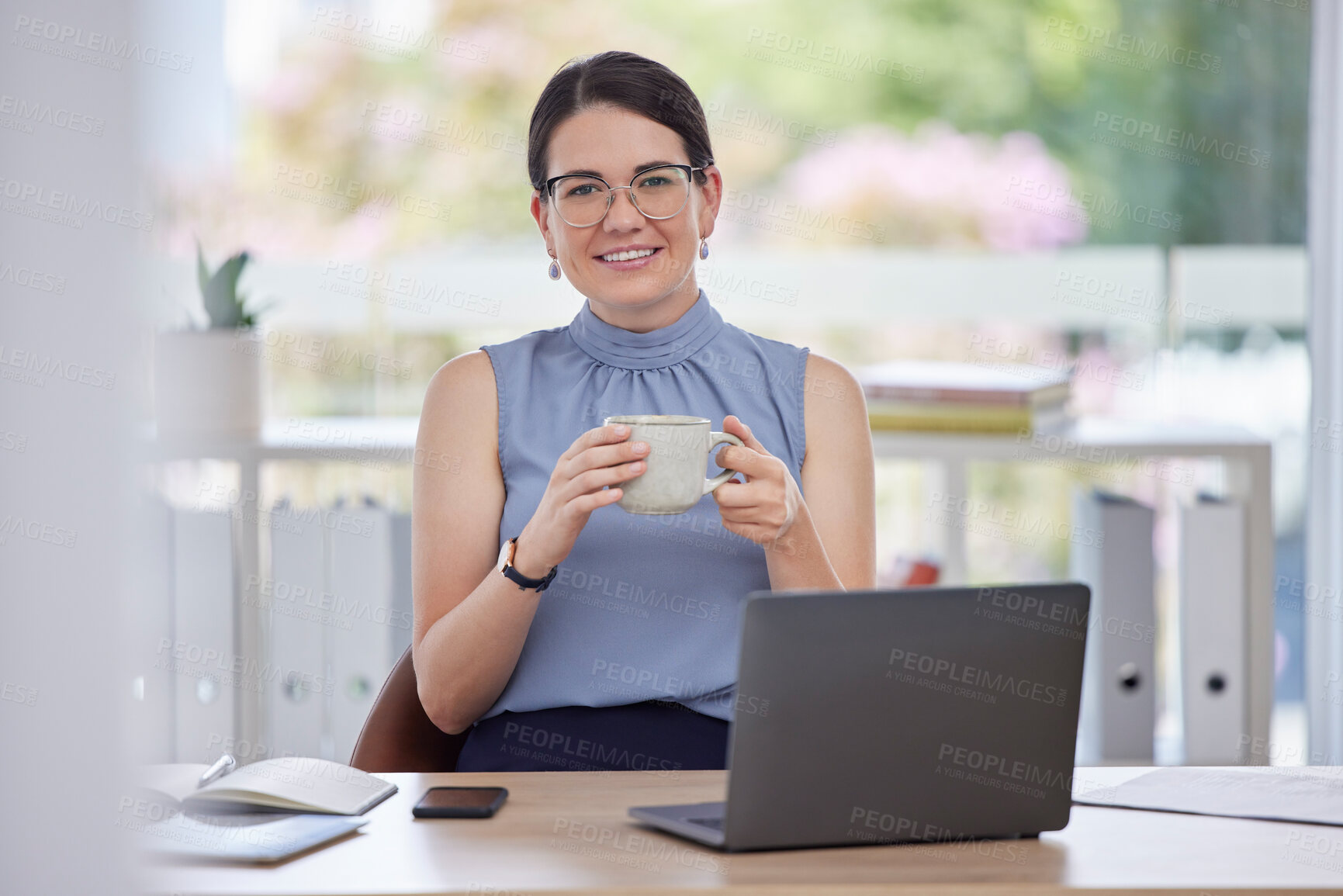 Buy stock photo Portrait, coffee and laptop with a business woman taking a break while working on a report in her office. Computer, tea and relax with a female employee drinking a beverage while sitting at work