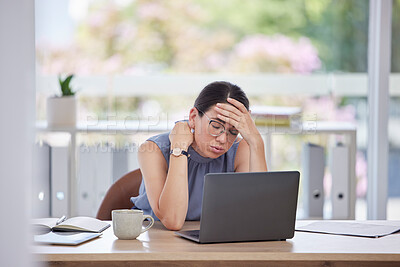 Buy stock photo Migraine, stress and business woman in the office with a laptop working on a project with a deadline. Headache, burnout and tired professional female employee on computer with neck pain in workplace.