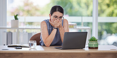 Buy stock photo Surprise, mistake or error with a business woman looking shocked while working on a laptop in her office. Computer, glitch and problem with a scared female employee worried about a system failure