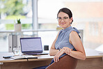 Portrait, laptop screen and woman with data analytics, stock market research and company financial management. Strategy, mission and mockup of seo manager, corporate person or digital monitor worker