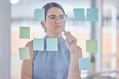 Buy stock photo Planning, thinking and woman with workflow, strategy and scrum or agile for project management goals. Ideas, solution and problem solving person or business worker with sticky notes on a glass board