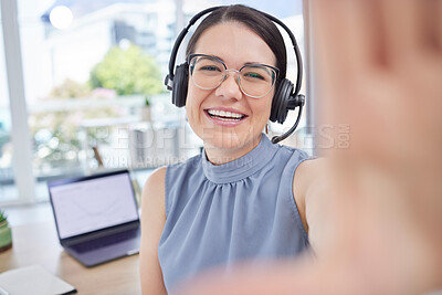 Buy stock photo Selfie portrait, call center and woman with smile in customer support for networking, communication and crm. Contact us, telemarketing and face of female worker with vision, friendly service and help