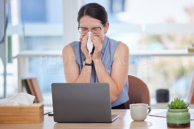 Buy stock photo Business woman, sick and nose tissue for cold virus or allergy problem at work with laptop. Entrepreneur person with flu or sinus while working with health risk at a corporate company office desk