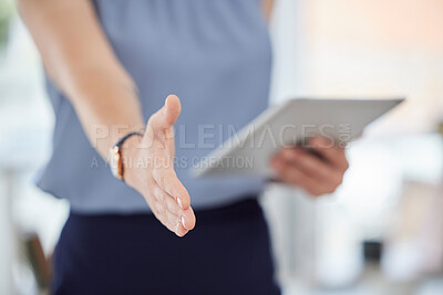 Buy stock photo Handshake, deal and business woman welcome with trust, support and hello. Closeup worker offer shaking hands for introduction, meeting and job interview for networking, recruitment and promotion