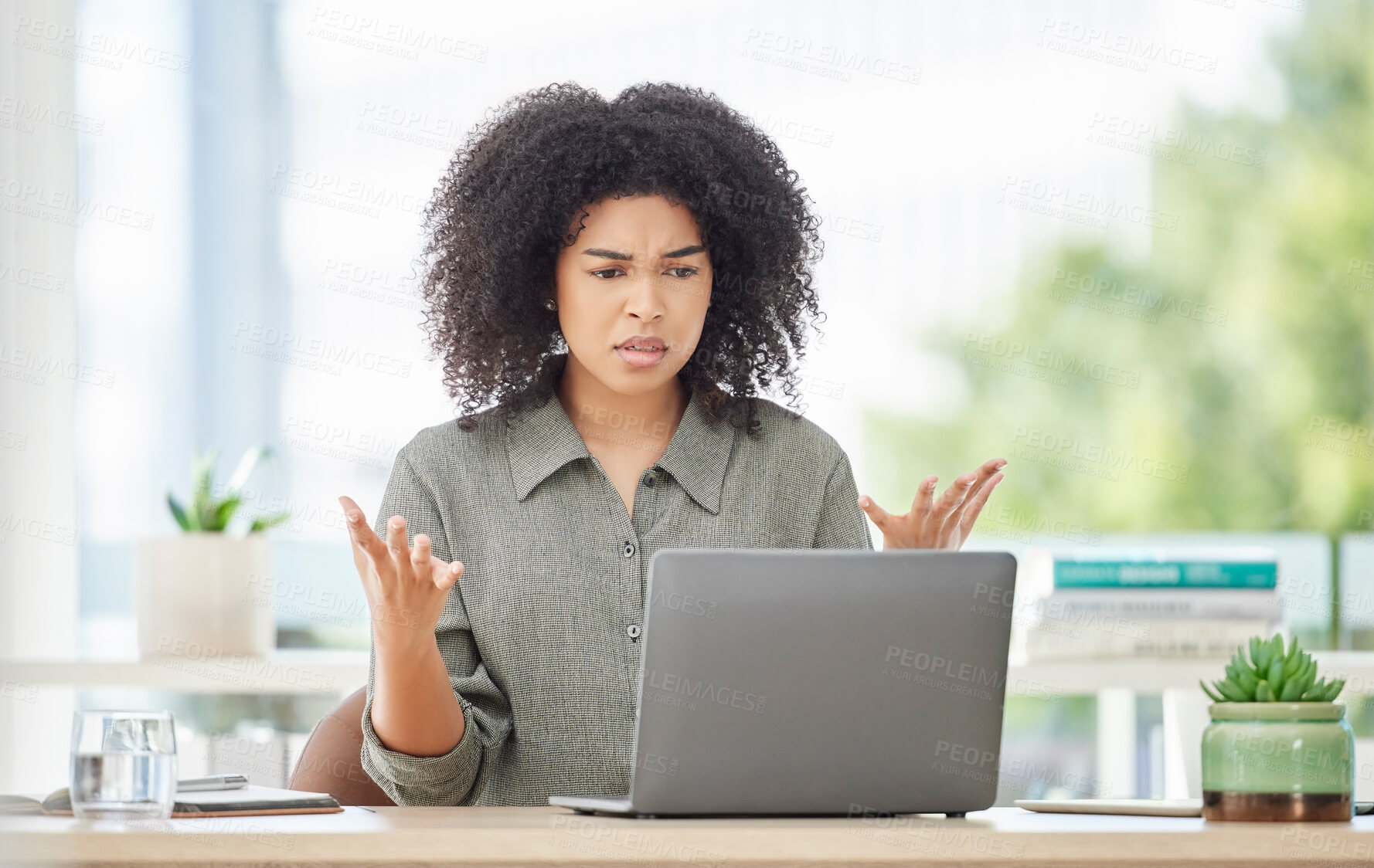 Buy stock photo Laptop, glitch and frustrated with a business black woman looking upset or annoyed while working in her office. Computer, 404 and angry with a female employee feeling stressed or overworked