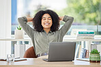 Black woman, laptop and smile in relax by office desk for job done, tasks or work break at a workplace. African American female employee designer smiling and relaxing or stretching by computer table