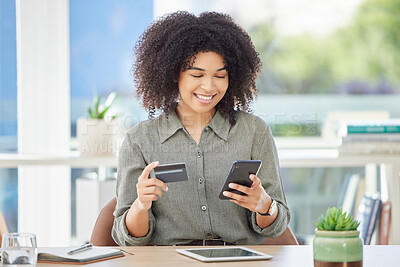 Buy stock photo Phone, credit card and online shopping with a business black woman buying a product online in her office. Ecommerce, finance and retail with a female employee or customer making an internet payment