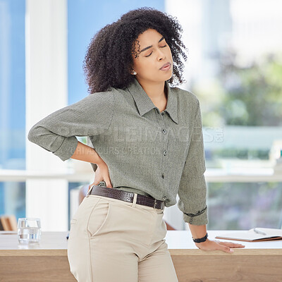 Buy stock photo Business, back pain and black woman with stress, burnout and fatigue in office, muscle strain and overworked. African American female employee, entrepreneur or leader with healthcare issue and injury