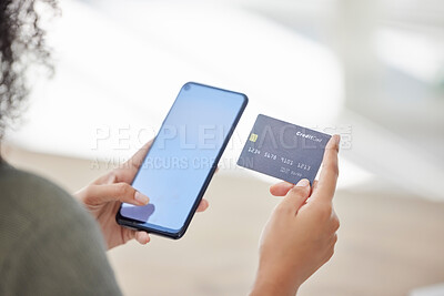 Buy stock photo Phone screen, woman with credit card and ecommerce with online shopping zoom, finance and payment with bank app. Service, transaction and customer hands, internet and banking, retail and sale mockup 